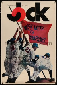 6z0231 JOCK linen 29x45 advertising poster 1969 New York Mets raising champion flag like Iwo Jima!