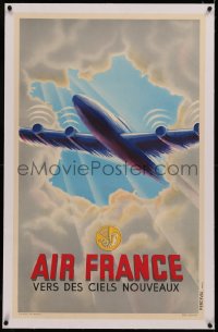 6z0197 AIR FRANCE linen 24x39 French travel poster 1940s art of plane flying through clouds, rare!