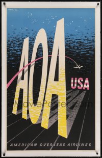 6z0184 AMERICAN OVERSEAS AIRLINES linen 24x39 English travel poster 1948 LeWitt-Him plane art, rare!