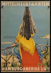 6z0189 HAMBURG AMERICA LINE linen 23x33 German travel poster 1930s Fuss art of woman by ocean, rare!