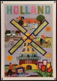 6z0186 HOLLAND linen 26x38 Dutch travel poster 1960s Berry Weekes artwork of Dutch windmill & more!