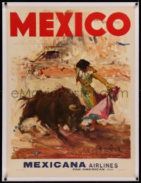 6z0191 MEXICANA MEXICO linen 28x37 Mexican travel poster 1960s iconic Carlos Ruano-Llopis art, rare!