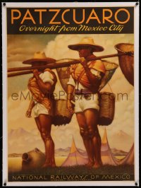 6z0192 NATIONAL RAILWAYS OF MEXICO PATZCUARO linen 27x37 Mexican travel poster 1950s art of workers!
