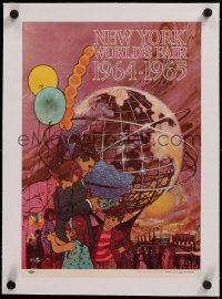6z0181 NEW YORK WORLD'S FAIR linen 11x16 travel poster 1961 cool Bob Peak art of family & Unisphere!