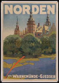 6z0187 NORDEN linen 30x42 Danish travel poster 1930s Aage Lund art of Kronborg Castle & map, rare!