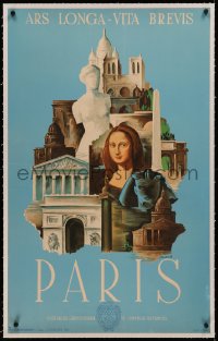 6z0200 PARIS linen 25x39 French travel poster 1936 cool art of famous landmarks by Marton, rare!