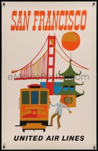 6z0183 UNITED AIR LINES SAN FRANCISCO linen 25x40 travel poster 1960s cable car & Golden Gate Bridge!