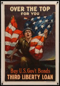6z0209 OVER THE TOP FOR YOU linen 20x30 WWI war poster 1918 patriotic art by Sidney H. Riesenberg!