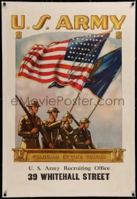 6z0201 U.S. ARMY GUARDIAN OF THE COLORS linen 25x38 WWII war poster 1936 Woodburn art of soldiers!