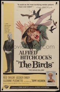 7a0299 BIRDS 1sh 1963 director Alfred Hitchcock shown, Tippi Hedren, classic intense attack art!