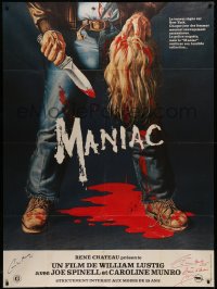 7a0209 MANIAC signed French 1p 1982 by BOTH Caroline Munro AND Tom Savini, gruesome Gaia art!