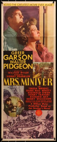 7a0282 MRS. MINIVER insert 1942 Greer Garson, Pidgeon, Wyler, voted the greatest movie ever, rare!