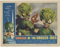 7a0466 INVASION OF THE SAUCER MEN LC #1 1957 close up of cabbage head aliens holding wacky tool!