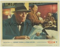 7a0482 WRONG MAN LC #6 1957 Alfred Hitchcock cameo reading newspaper behind smoking Henry Fonda!