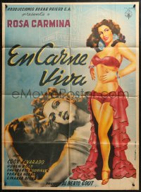 7a0155 EN CARNE VIVA Mexican poster 1951 Peinador art of sexiest cabaret dancer Rosa Carmina, rare!