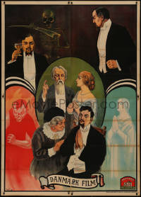7a0188 EVERYMAN 59x77 Danish poster 1915 art of cast between demon, saint & Death, ultra rare!
