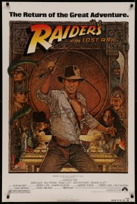 7a0088 RAIDERS OF THE LOST ARK 1sh R1982 great Richard Amsel art of adventurer Harrison Ford!