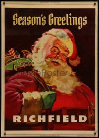 7a0195 RICHFIELD 34x49 advertising poster 1950s great art of Santa Claus with car in his bag, rare!