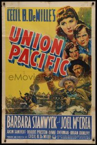 7a0332 UNION PACIFIC 1sh R1943 Cecil B. DeMille, Barbara Stanwyck, Joel McCrea, cool train art!