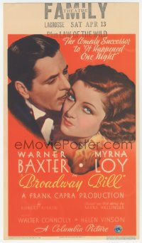 7a0142 BROADWAY BILL mini WC 1934 Frank Capra, Warner Baxter & beautiful Myrna Loy, rare!
