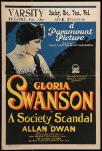 7a0405 SOCIETY SCANDAL WC 1924 head & shoulders art of elegant Gloria Swanson w/ cool jewelry, rare!