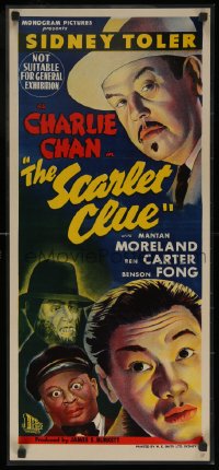 7b0058 SCARLET CLUE LAMINATED Aust daybill 1945 great art of Sidney Toler as Charlie Chan, very rare!