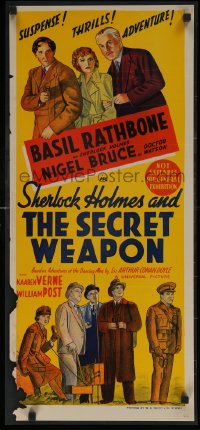 7b0060 SHERLOCK HOLMES & THE SECRET WEAPON LAMINATED Aust daybill 1942 Basil Rathbone & Bruce, rare!