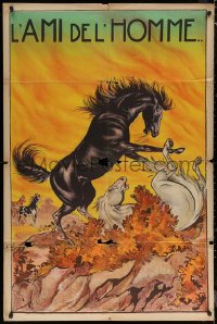 7c0787 TRUE FRIEND French 31x47 1908 great art of black & white wild horses fighting, ultra rare!