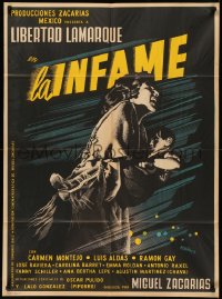 7d0074 LA INFAME Mexican poster 1954 cool artwork of mother running & holding child by Josep Renau!