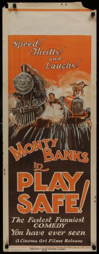 7g0019 PLAY SAFE long Aust daybill 1927 wacky different art of Monty Banks between train and car!
