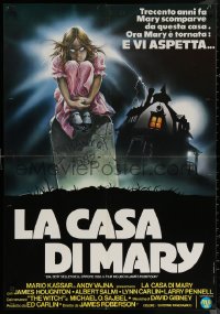7g0063 SUPERSTITION Italian 1sh 1982 Casaro art of ghoulish girl on tombstone by creepy house!