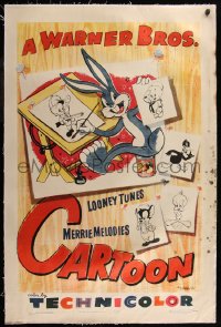 7h0024 WARNER BROS CARTOON linen 1sh 1948 great art of Bugs Bunny at drawing board with other toons!