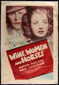 7h0025 WINE, WOMEN & HORSES linen 1sh 1937 Ann Sheridan, Barton MacLane, racetrack gambling, rare!