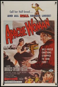 7m0776 APACHE WOMAN 1sh 1955 art of naked cowgirl in water pointing gun at Lloyd Bridges!