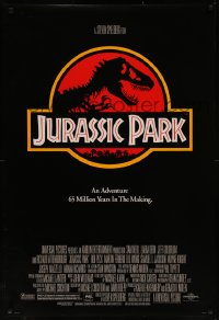 7m0980 JURASSIC PARK DS 1sh 1993 Steven Spielberg, classic logo with T-Rex over red background