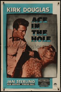 7p0346 ACE IN THE HOLE 1sh 1951 Billy Wilder classic, c/u of Kirk Douglas choking Jan Sterling!