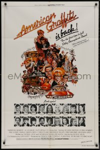 7p0366 AMERICAN GRAFFITI 1sh R1978 George Lucas, great wacky Mort Drucker artwork of cast & images!