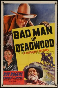 7p0388 BAD MAN OF DEADWOOD 1sh 1941 art of Roy Rogers with gun drawn, Gabby Hayes, Carol Adams!