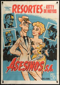 7p0139 ASESINOS S.A. export Mexican poster 1957 great art of smoking Resortes twirling gun with sexy babe!