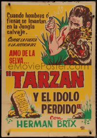 7p0027 NEW ADVENTURES OF TARZAN South American 1940s art of Herman Brix throwing native, jungle serial!