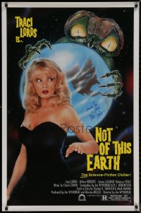 7w0040 NOT OF THIS EARTH signed 1sh 1988 by Traci Lords, great artwork of creepy bug-eyed alien!