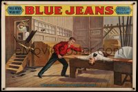 8a0096 BLUE JEANS 28x42 stage poster 1890 stone litho of man about to be bisected by sawblade!