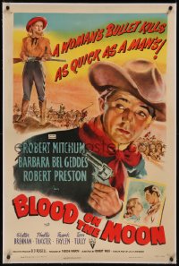 8b0023 BLOOD ON THE MOON linen 1sh 1949 art of cowboy Robert Mitchum pointing gun & Barbara Bel Geddes!