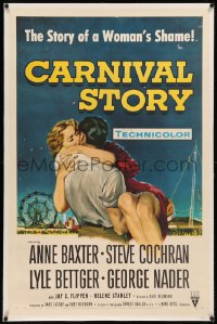 8b0028 CARNIVAL STORY linen 1sh 1954 sexy Anne Baxter & Steve Cochran in the story of a woman's shame!