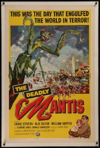 8b0042 DEADLY MANTIS linen 1sh 1957 classic art of giant insect by Washington Monument by Ken Sawyer!