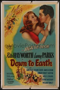 8b0050 DOWN TO EARTH linen style B 1sh 1946 c/u of sexy Rita Hayworth & Larry Parks, plus great art!