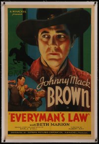 8b0060 EVERYMAN'S LAW linen 1sh 1936 western cowboy Johnny Mack Brown in fight and c/u, ultra rare!