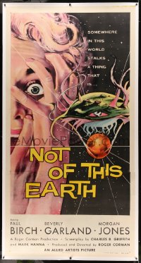 8c0025 NOT OF THIS EARTH linen 3sh 1957 classic close up art of screaming girl & alien monster!