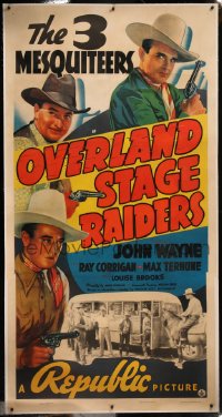 8c0026 OVERLAND STAGE RAIDERS linen 3sh 1938 John Wayne in The Three Mesquiteers, Corrigan & Terhune