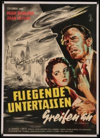 8c0215 EARTH VS. THE FLYING SAUCERS linen German 1957 Ray Harryhausen, cool art of UFOs & aliens!